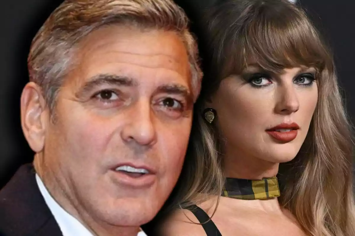 Close-up of George Clooney and Taylor Swift with striking makeup looking at the camera.