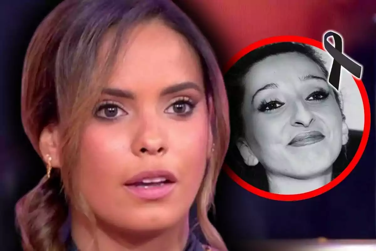 Gloria Camila Ortega amb expressió seriosa en primer pla i fotografia en blanc i negre de Michu dins d’un cercle vermell amb un llaç negre a la cantonada superior dreta.
