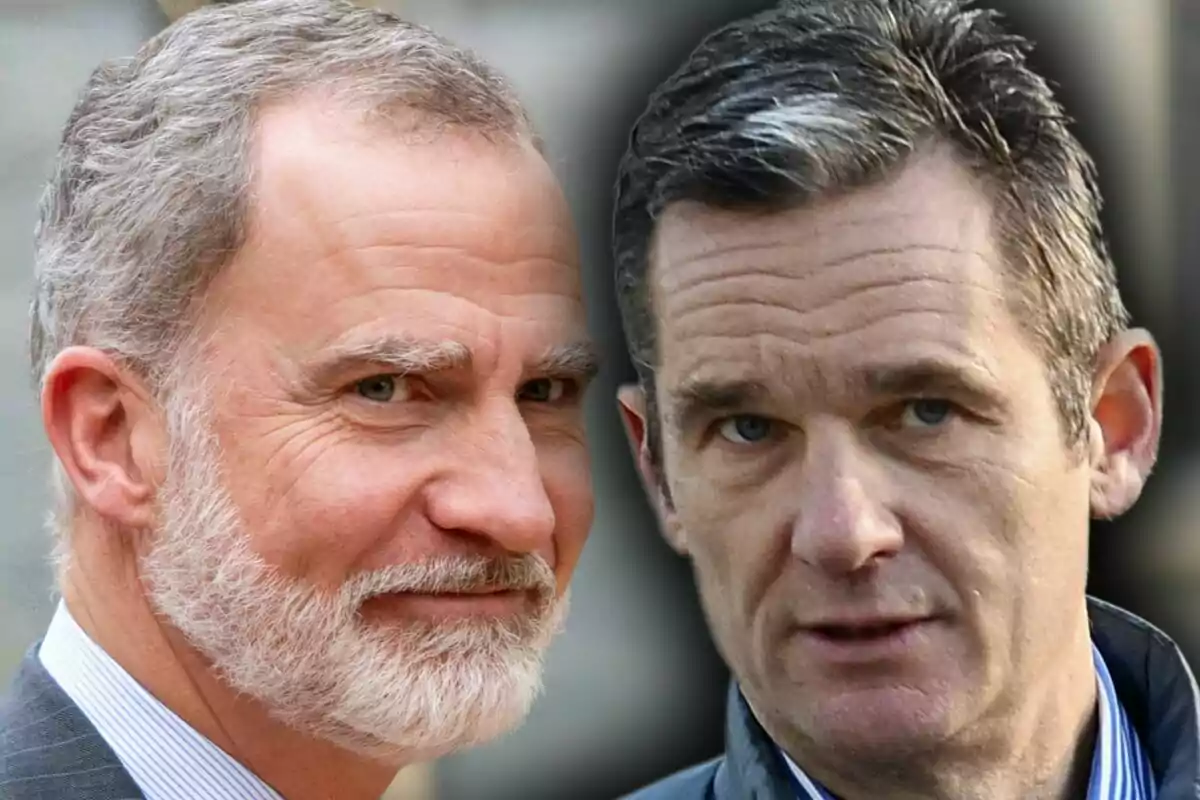 Montaje de fotos de primer plano del rey Felipe VI sonriente e Iñaki Urdangarin con rostro serio.