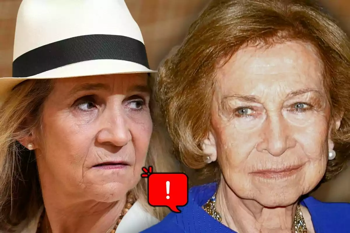 Dos mujeres mayores aparecen en primer plano, una lleva sombrero blanco, que es la infanta Elena, y la otra viste de azul, que es la reina Sofía, entre ellas hay un icono rojo con un signo de exclamación.