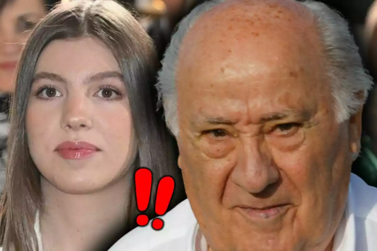 Montaje de fotos de primer plano de Amancio Ortega y la infanta Sofía, ambos con dos signos de exclamación rojos entre ellos.
