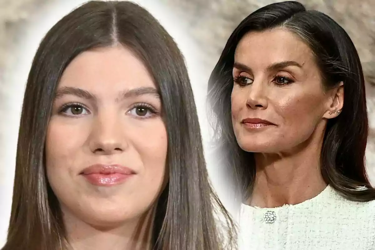 Muntatge de fotos de la infanta Sofia i la reina Letícia Ortiz en primer pla, una d’elles mira al front i l’altra cap a un costat, ambdues amb expressió seriosa.