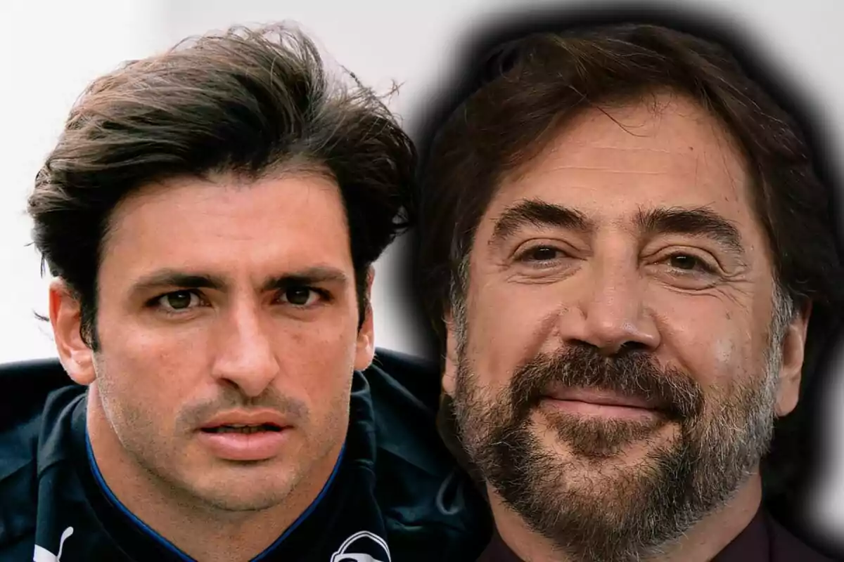 Close-up photo montage of Carlos Sainz and Javier Bardem, all with neutral expressions.