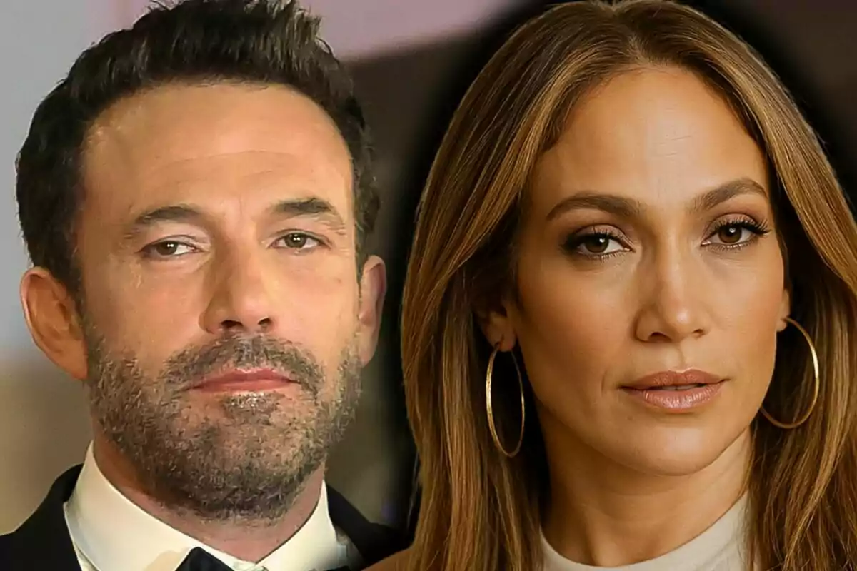 Montaje de fotos de primer plano de Ben Affleck y Jennifer López, ambos con expresión seria.