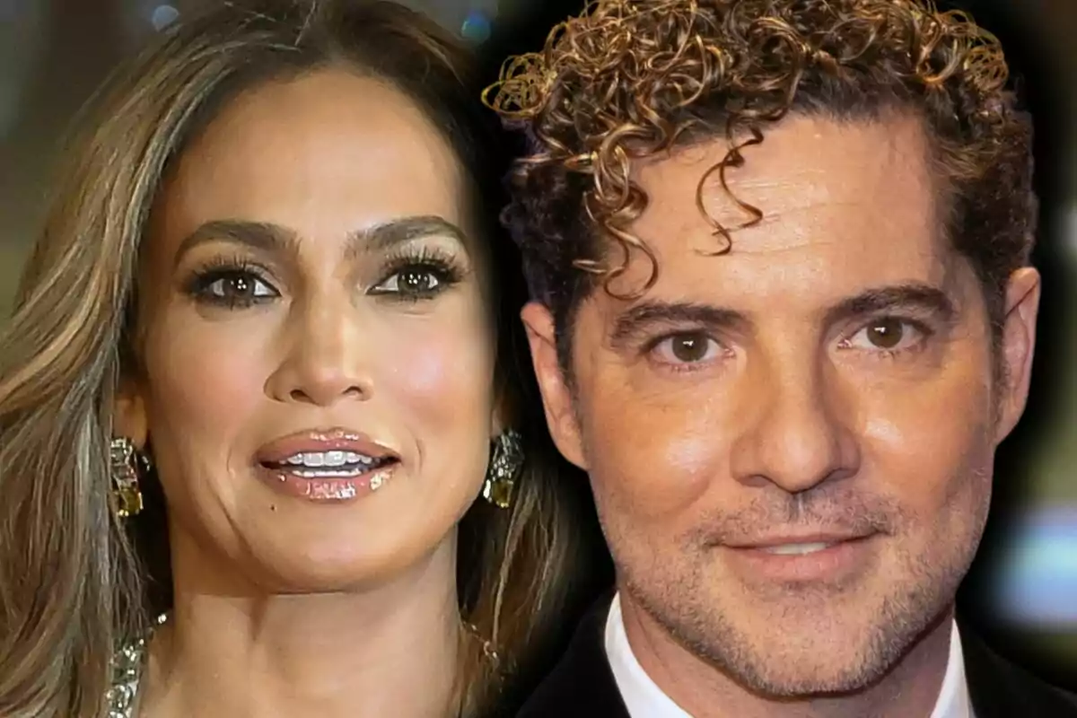 Montaje de fotos de primer plano de Jennifer López y David Bisbal, ambos con expresiones serenas.