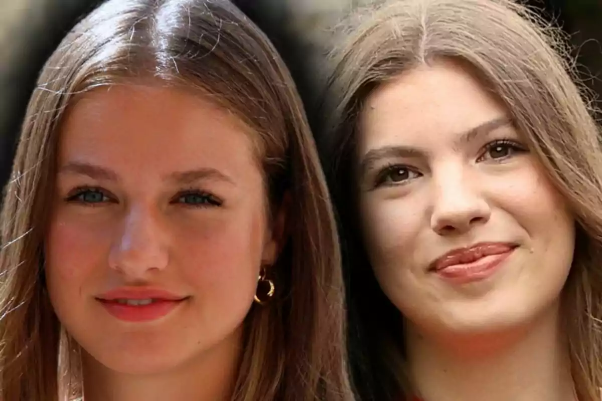 Close-up photo montage of Infanta Sofía and Princess Leonor, both looking at the camera with a half-smiling expression.