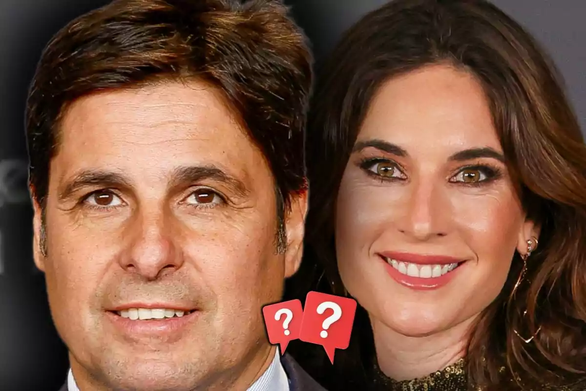 Montaje de fotos de primer plano de Fran Rivera y Lourdes Montes ambos sonrientes y con dos íconos de signos de interrogación entre ellos.