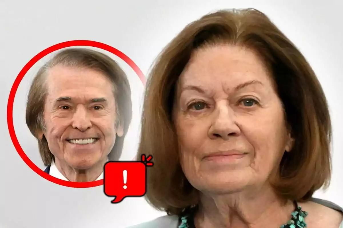 Natalia Figueroa en primer plano con expresión seria y Raphael sonriente en un círculo rojo al fondo junto a un ícono de mensaje con signo de exclamación.