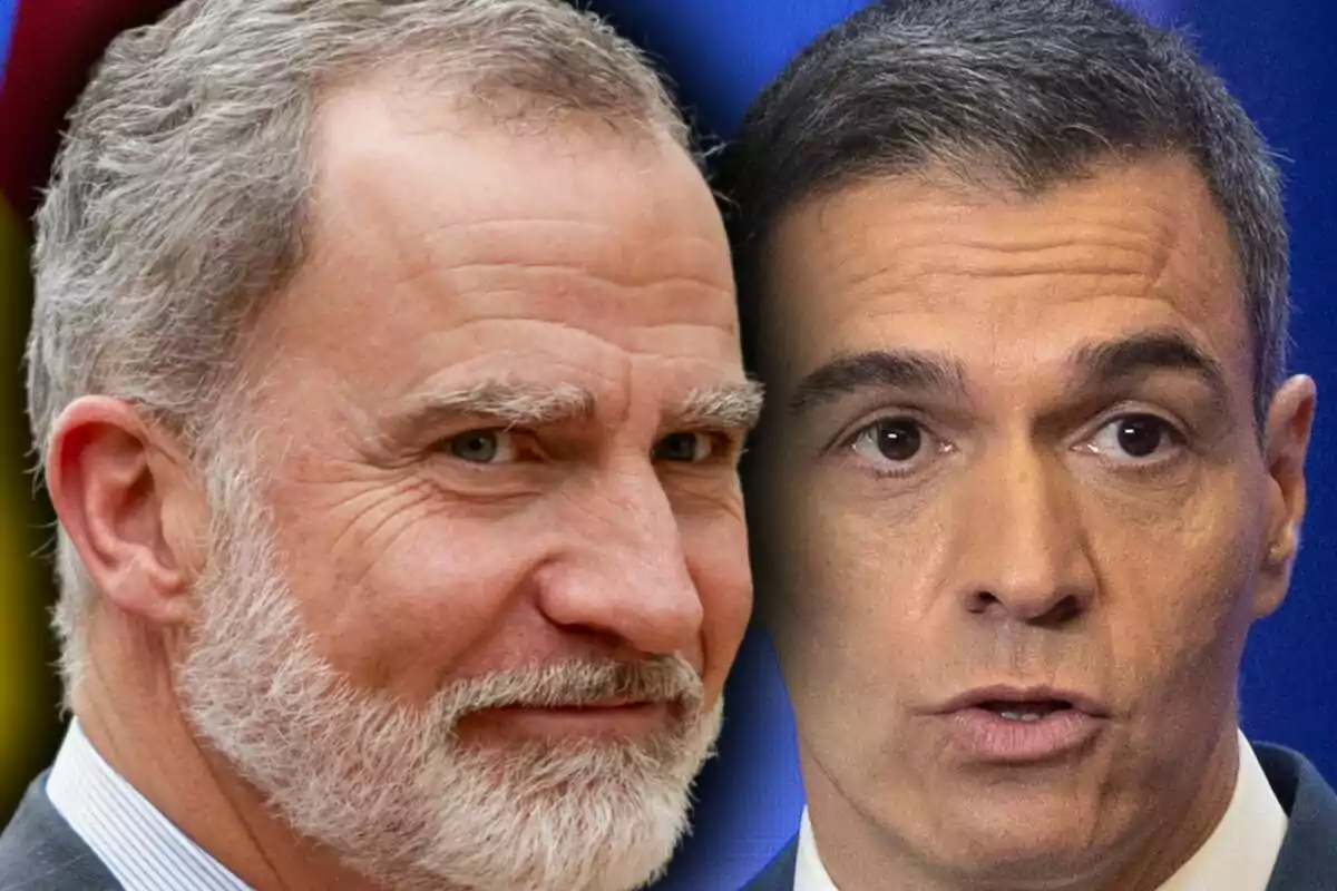 Montaje de fotos de Pedro Sánchez y el rey Felipe de Borbón, ambos con expresiones serias aparecen juntos en primer plano.