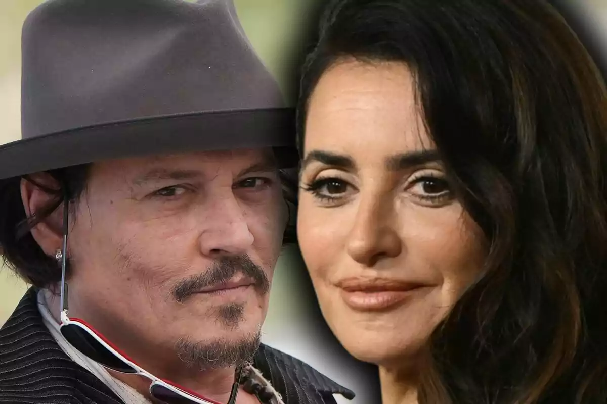 Close-up of a man wearing a hat, who is Johnny Depp, and a dark-haired woman looking at the camera, who is Penélope Cruz.