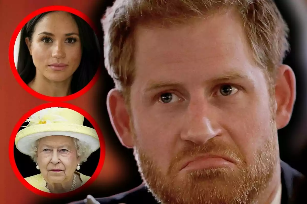 Primer pla del príncep Harry amb expressió seriosa i, al seu costat, dos retrats circulars de la reina Isabel i Meghan Markle, també amb el rostre seriós.