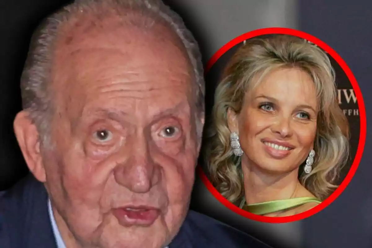 Montaje de fotos de Juan Carlos I en primer plano con expresión seria y una mujer rubia sonriente en un círculo rojo al fondo, la cual es Corinna Larsen.