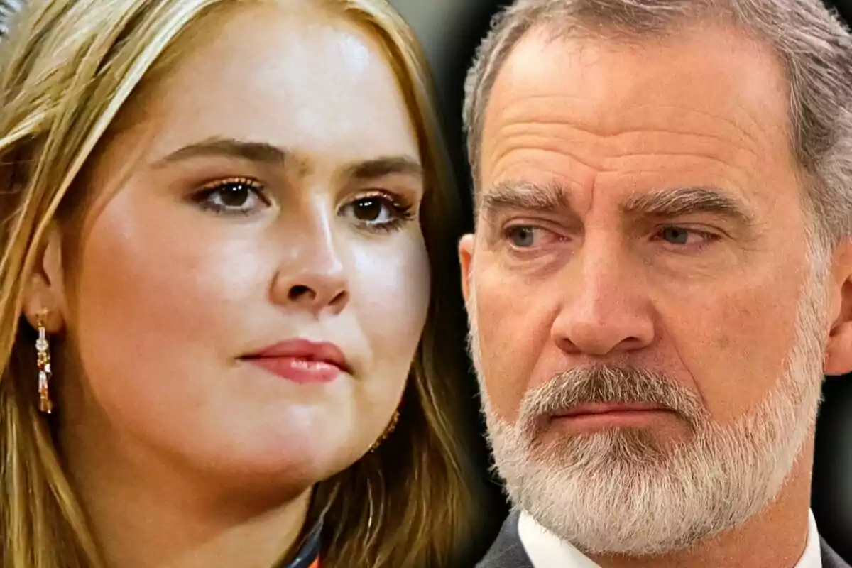 Close-up photo montage of Amalia of the Netherlands and King Felipe of Bourbon, both with serious expressions.