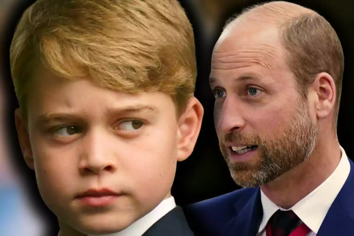 Montaje de fotos del príncipe George con expresión seria mira hacia un hombre adulto de barba y cabello corto, que es su padre.