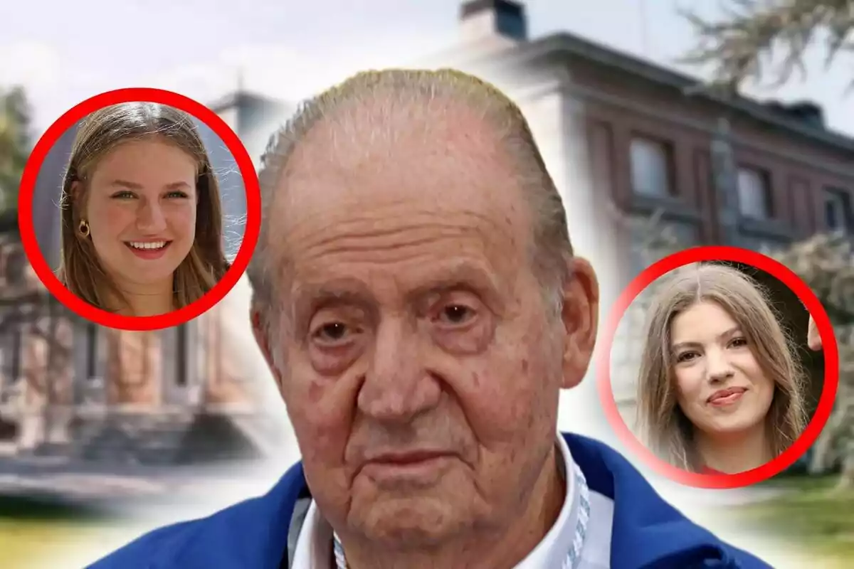 El rei Joan Carles I en primer pla amb expressió seriosa, al fons un edifici i dos retrats de dones joves, que són la infanta Sofia i la princesa Leonor, emmarcats en cercles vermells als costats de la seva cara.