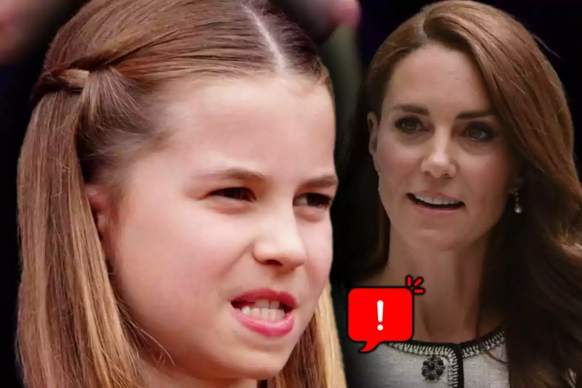Princess Charlotte with a serious expression in the foreground and Kate Middleton in the background with a red warning icon overlaid.