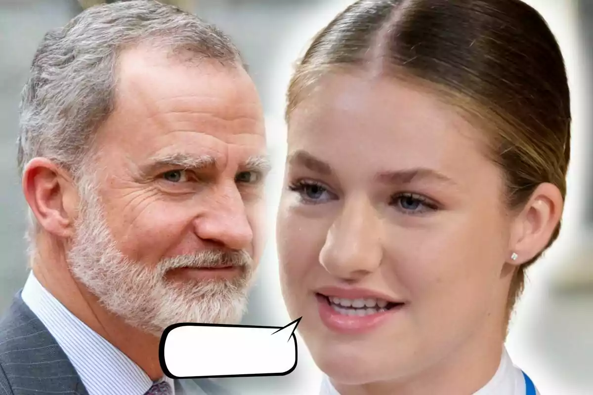Montaje de fotos de primer plano del rey Felipe de Borbón con rostro sonriente y la princesa Leonor con rostro neutro, y un globo de diálogo vacío entre ellos.