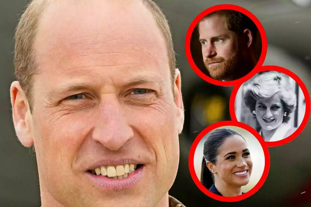 Primer pla del príncep Guillem amb tres retrats circulars emmarcats en vermell que mostren el príncep Harry, la Meghan Markle i la Lady Di.