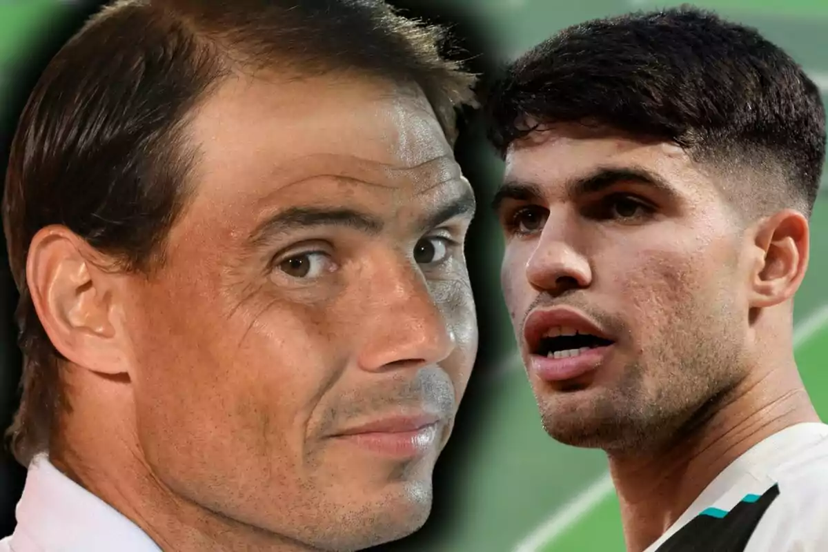 Close-up photo montage of Rafa Nadal and Carlos Alcaraz looking in opposite directions with serious expressions and a blurred background.