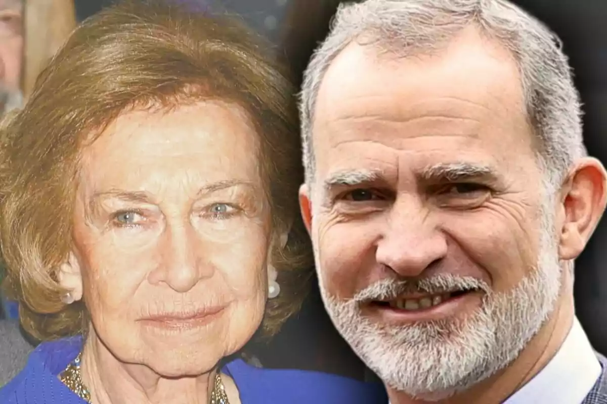 Close-up photo montage of Queen Sofía with a serious expression and King Felipe of Bourbon with a smiling face.