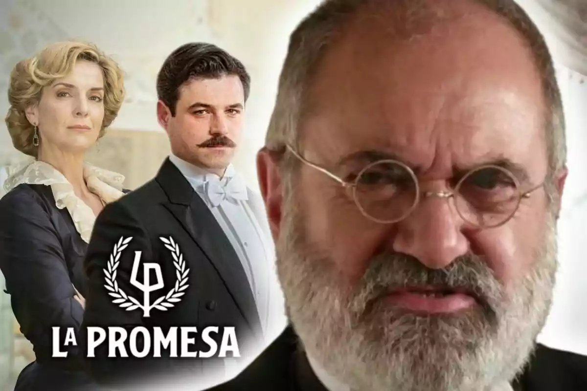 Tres personatges de la sèrie 'La Promesa' apareixen en primer pla amb expressions serioses i elegants —un d’ells és Ròmul, interpretat per Joaquín Climent—, al costat del logotip i el títol de la producció.