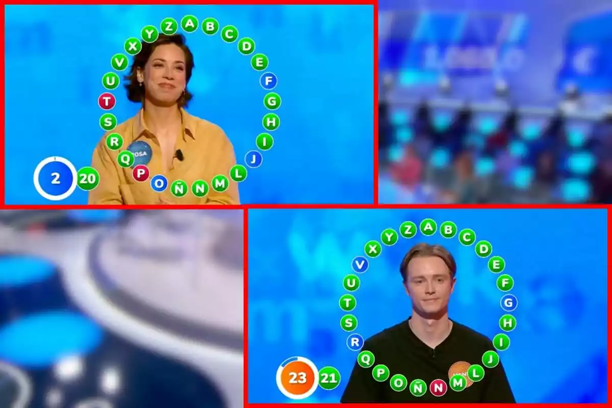 Dos concursants, que són la Rosa i en Manu, participen a la prova final del rosco en un concurs de televisió responent preguntes de lletres envoltats de cercles amb lletres i marcadors de temps i encerts. Dos concursants, que són la Rosa i en Manu, participen a la prova final del rosco en un concurs de televisió responent preguntes de lletres envoltats de cercles amb lletres i marcadors de temps i encerts.
