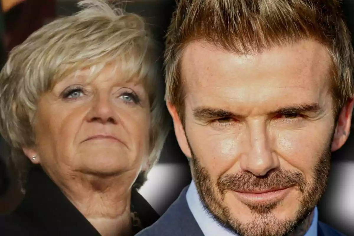 Close-up photo montage of David Beckham and his mother, Sandra Beckham, both with serious expressions.