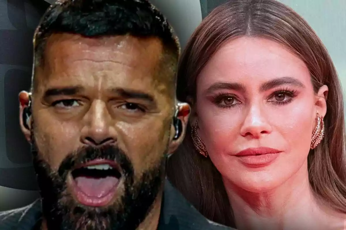 Close-up of Ricky Martin singing and Sofía Vergara looking at the camera.