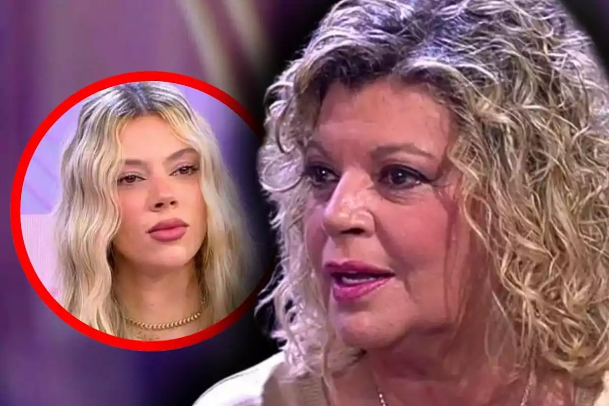 Montaje de fotos de primer plano de Terelu Campos y Alejandra Rubio, ambas con rostro neutro y sentadas en un plató de televisión.