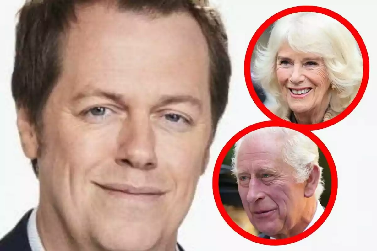Muntatge de fotos en primer pla de Tom Parker Bowles, el rei Carles III i la reina Camila, tots amb el rostre somrient.