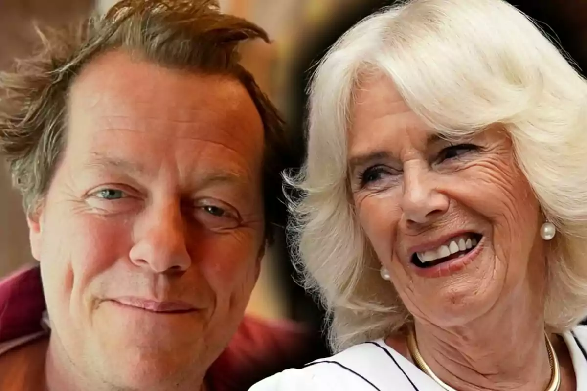 Muntatge de fotos en primer pla de Camila Parker i el seu fill, Tom Parker Bowles, tots dos amb el rostre somrient.