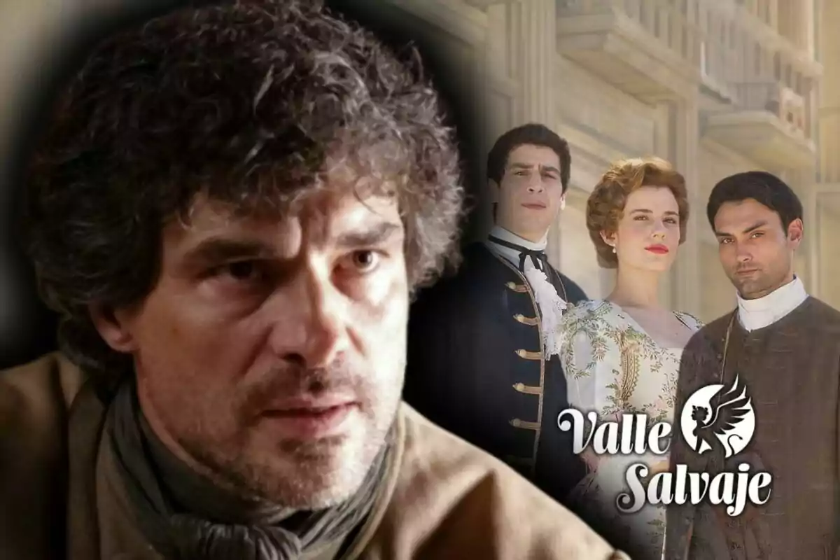 Primer pla de l’actor Toni Salgado amb expressió seriosa i al fons tres persones vestides amb roba d’època al costat del logotip de ‘Valle Salvaje’.
