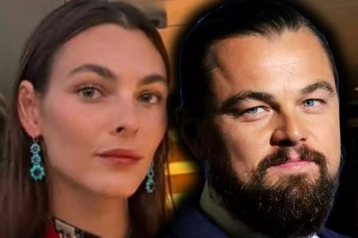 Muntatge de fotos en primer pla de Vittoria Ceretti i Leonardo Di Caprio, tots dos amb el rostre seriós.