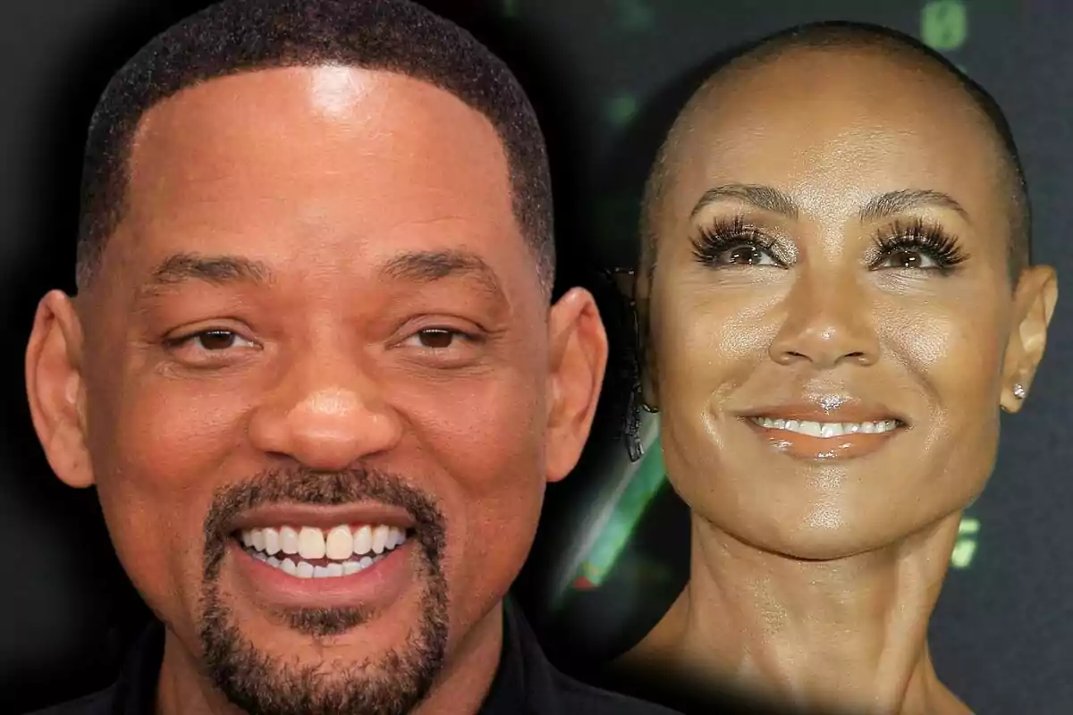 Montaje de fotos de primer plano de Will Smith y Jada Pinkett, ambos con rostro sonriente.