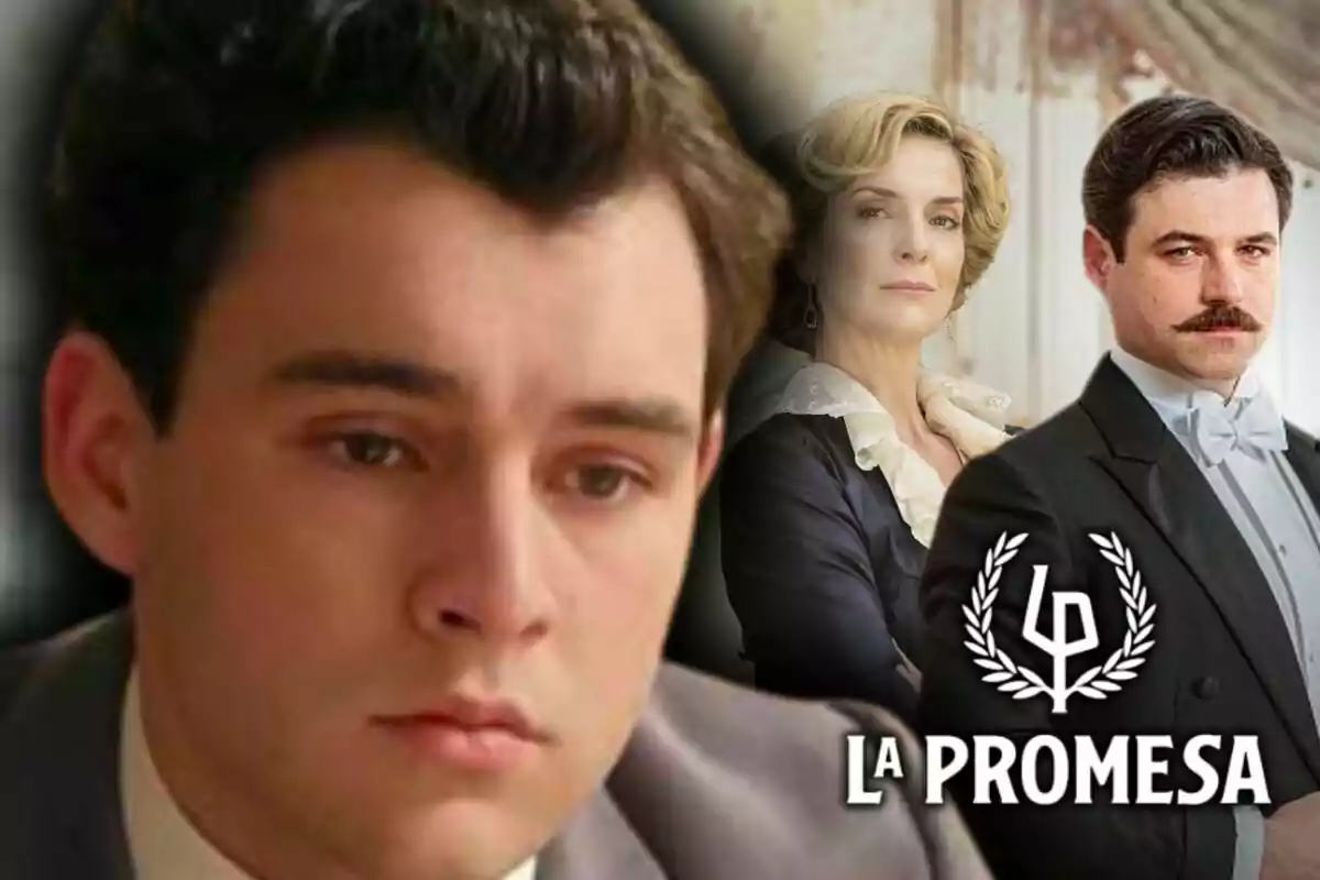 Tres personatges de la sèrie 'La Promesa' apareixen a la imatge, un en primer pla amb expressió seriosa, que és l'actor Xavi Lock, i dos al fons vestits d'època al costat del logotip de la sèrie.