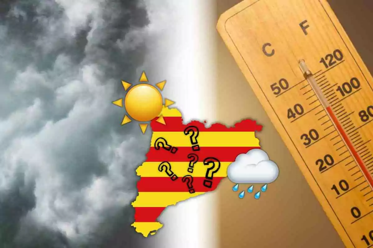 Mapa de Catalunya amb símbols de sol, pluja i interrogants sobre un fons de núvols i un termòmetre