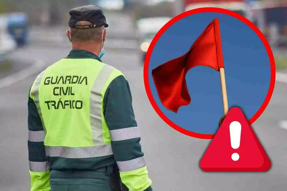 Agent de la Guàrdia Civil de Trànsit d’esquena en una carretera al costat d’un cercle amb una bandera vermella i una icona d’advertència Agent de la Guàrdia Civil de Trànsit d’esquena en una carretera al costat d’un cercle amb una bandera vermella i una icona d’advertència