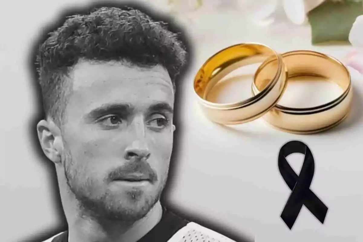 Diogo Jota in black and white with a serious expression next to two gold rings and a black mourning ribbon