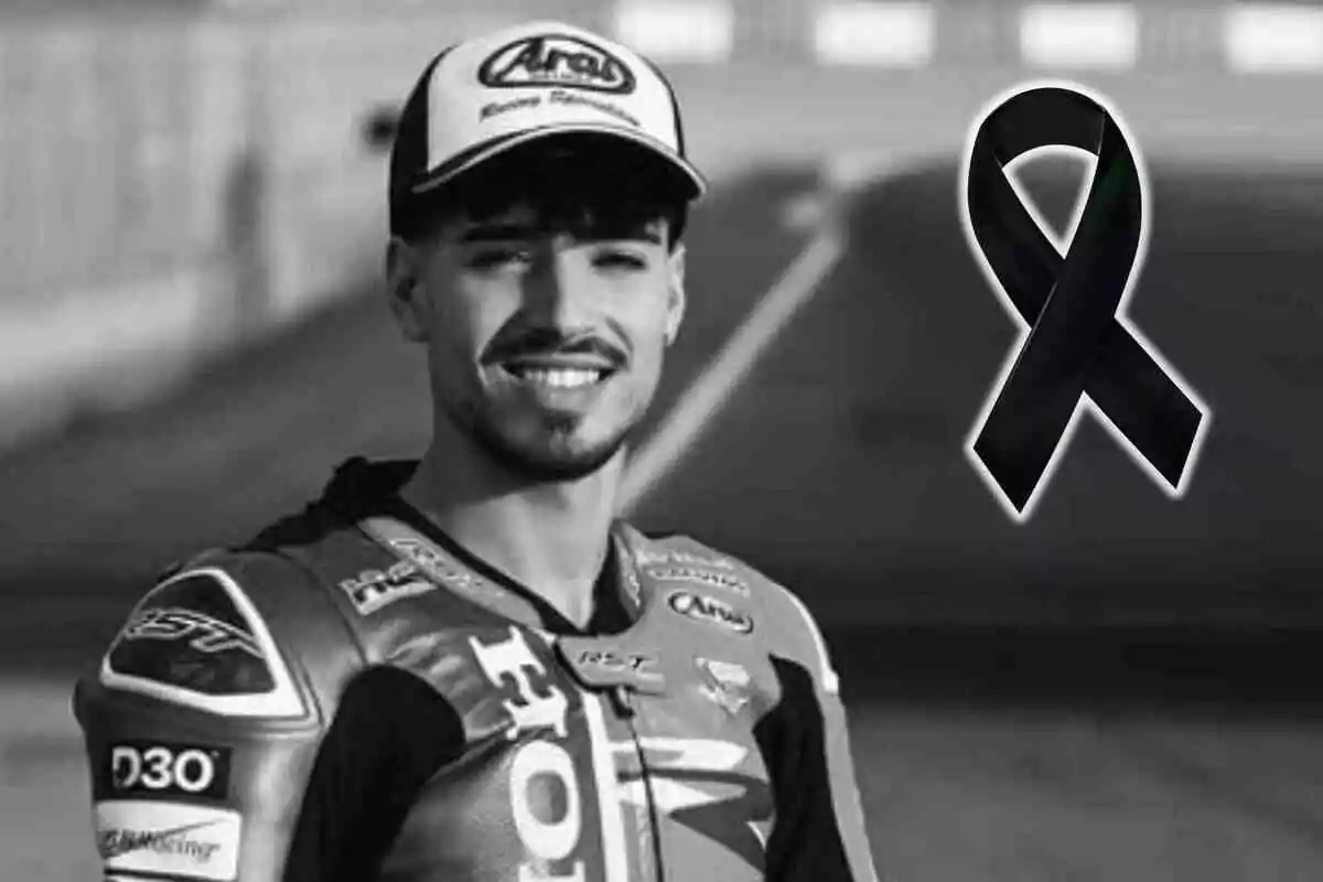 Borja Gómez in a racing suit smiles while a black mourning ribbon appears beside him.