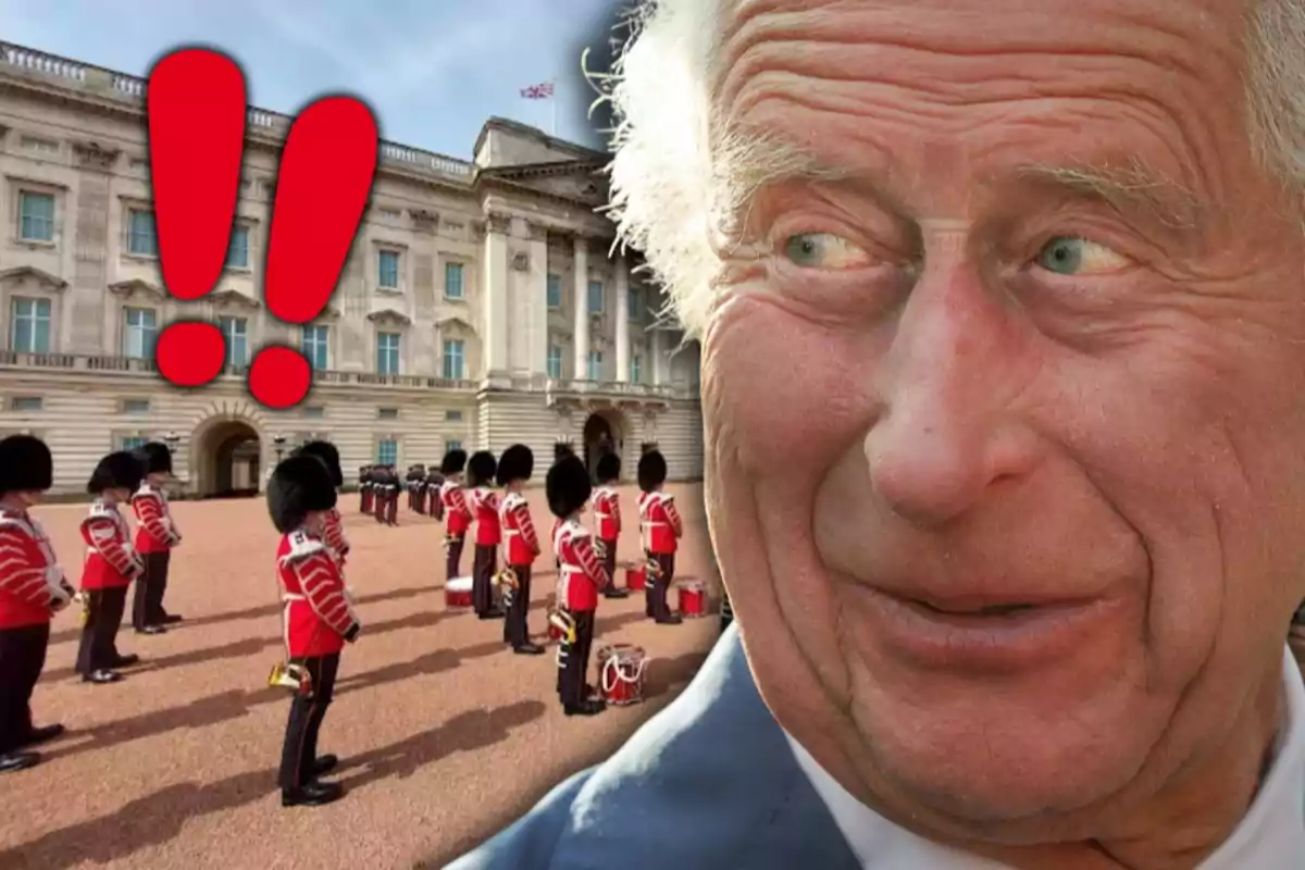 El rei Carles III somrient en primer pla amb el Palau de Buckingham i guàrdies britànics al fons al costat de dos signes d’exclamació vermells grans