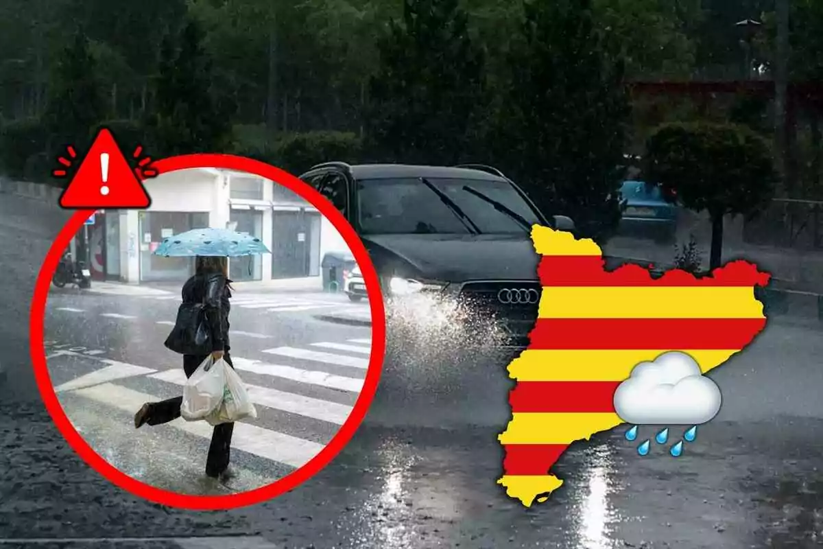 Una persona cruza la calle bajo la lluvia con un paraguas y bolsas, mientras un coche pasa por un charco y aparece un mapa de Cataluña con un icono de lluvia y una señal de advertencia.