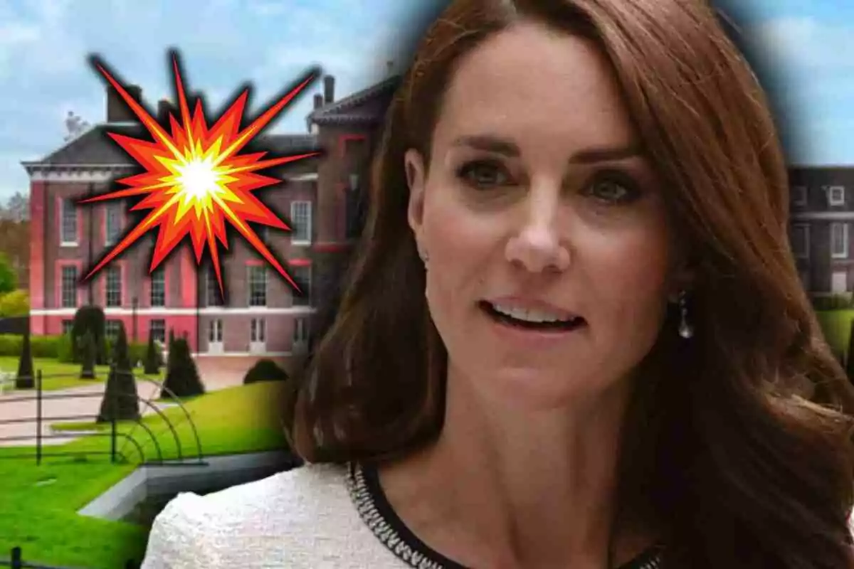 Kate Middleton aparece en primer plano con un edificio antiguo de fondo y un gráfico de explosión sobre la fachada.