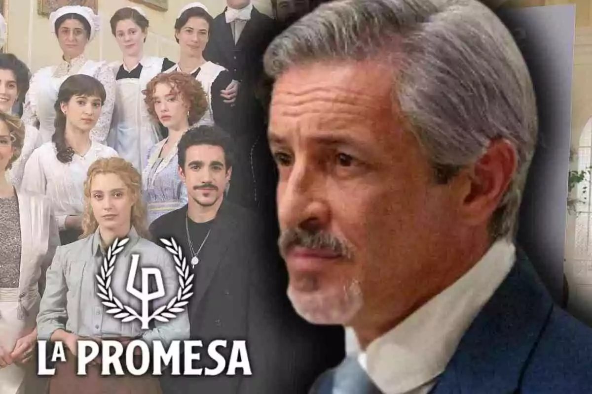 Imatge promocional de la sèrie La Promesa amb diversos personatges vestits d’època i el rostre de Fernando Coronado en primer pla