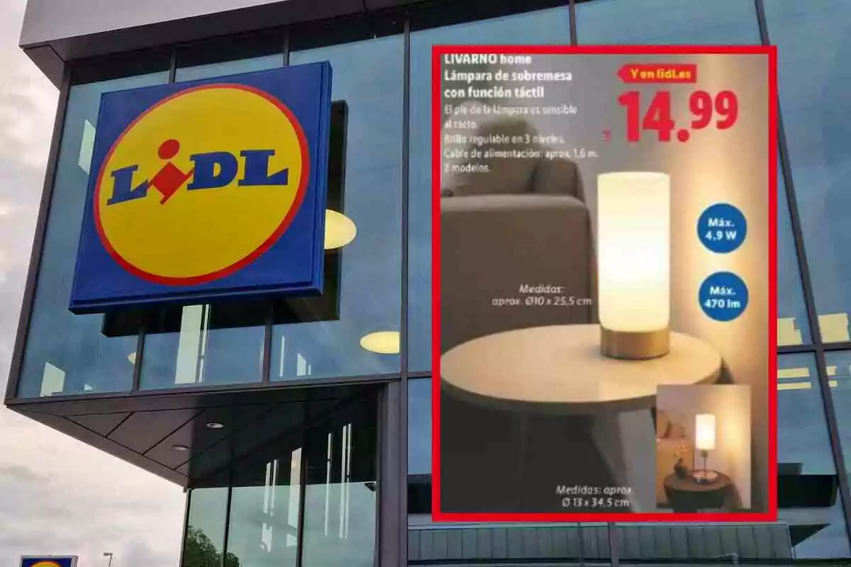 Fachada de una tienda Lidl con un cartel publicitario de una lámpara de sobremesa táctil en oferta por 14,99 euros
