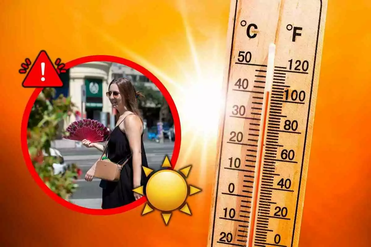 Termòmetre marcant altes temperatures amb fons taronja, una dona ventant-se i símbols d’advertència i sol Termòmetre marcant altes temperatures amb fons taronja, una dona ventant-se i símbols d’advertència i sol