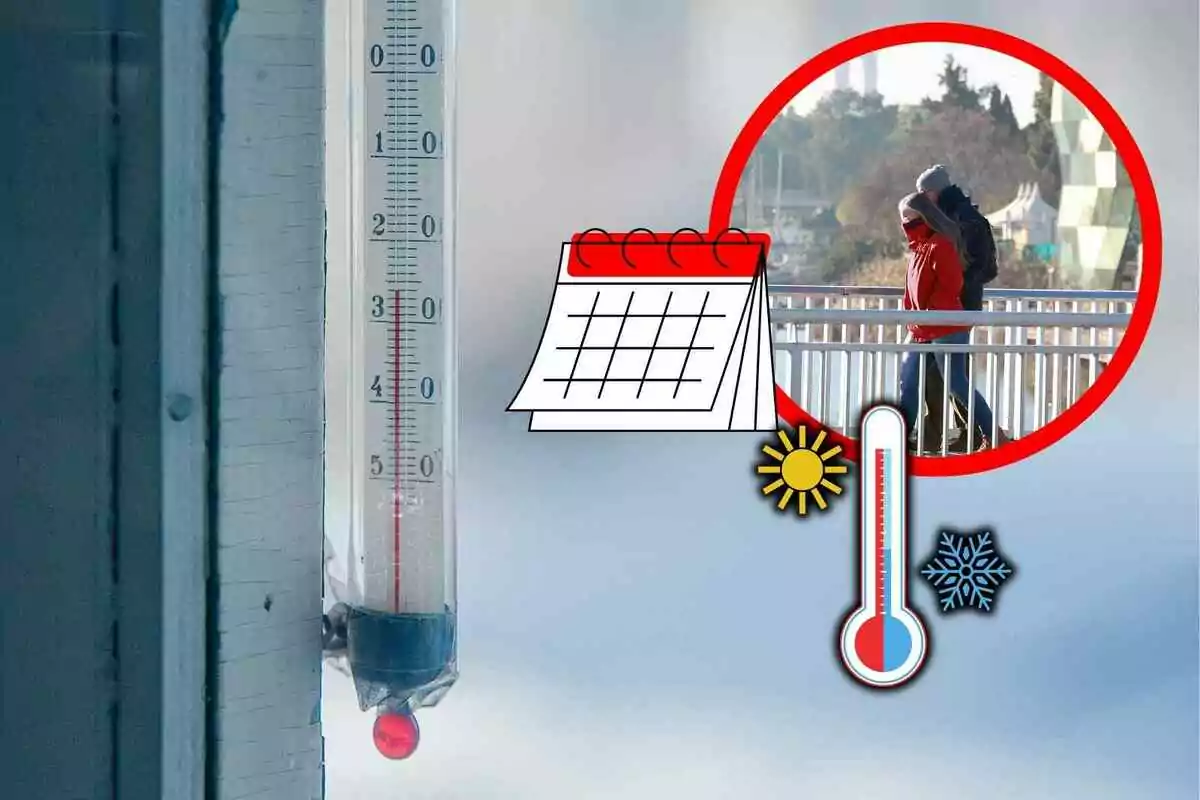 Termòmetre marcant baixa temperatura al costat d’un calendari, una icona de sol, una icona de floc de neu i una parella abrigada caminant a l’aire lliure.