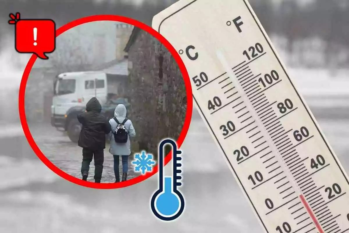 Termòmetre marcant baixa temperatura amb dues persones abrigades caminant i una icona d’advertència al costat d’un símbol de fred Termòmetre marcant baixa temperatura amb dues persones abrigades caminant i una icona d’advertència al costat d’un símbol de fred