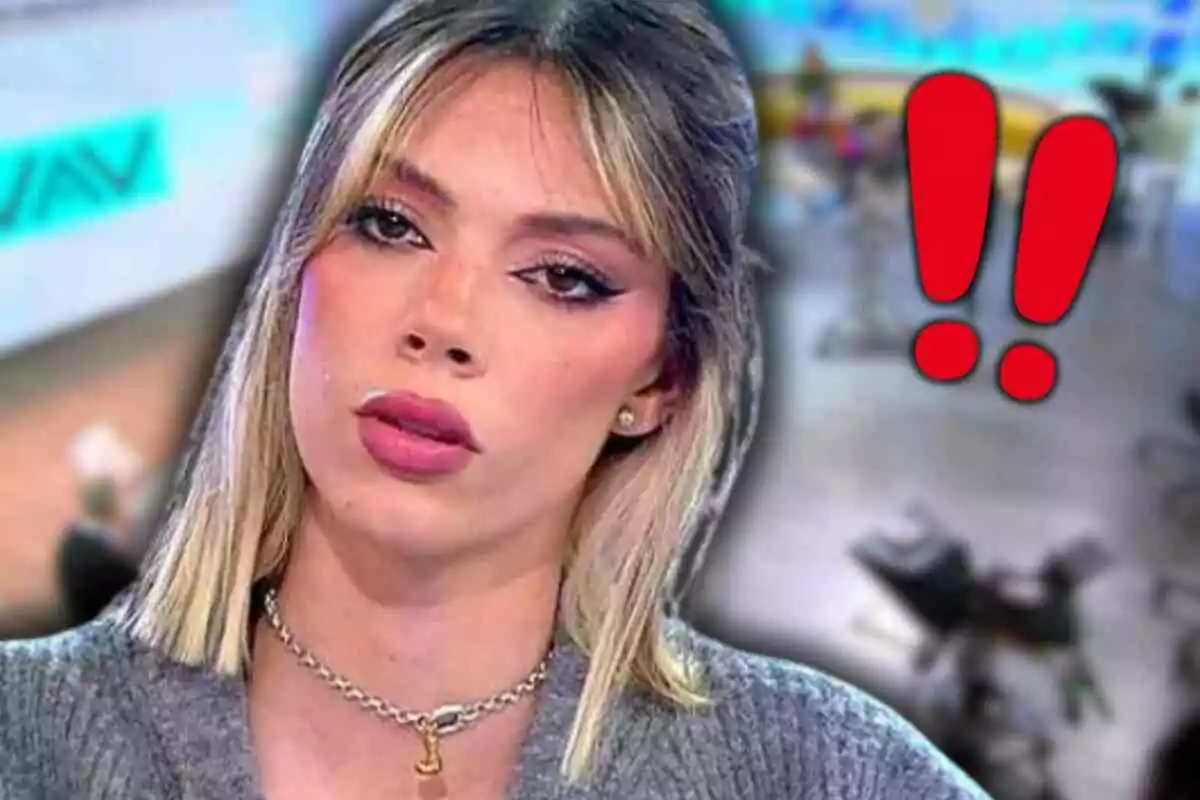 Alejandra Rubio amb expressió seriosa en primer pla amb dos signes d’exclamació vermells al fons a 'Vamos a ver'