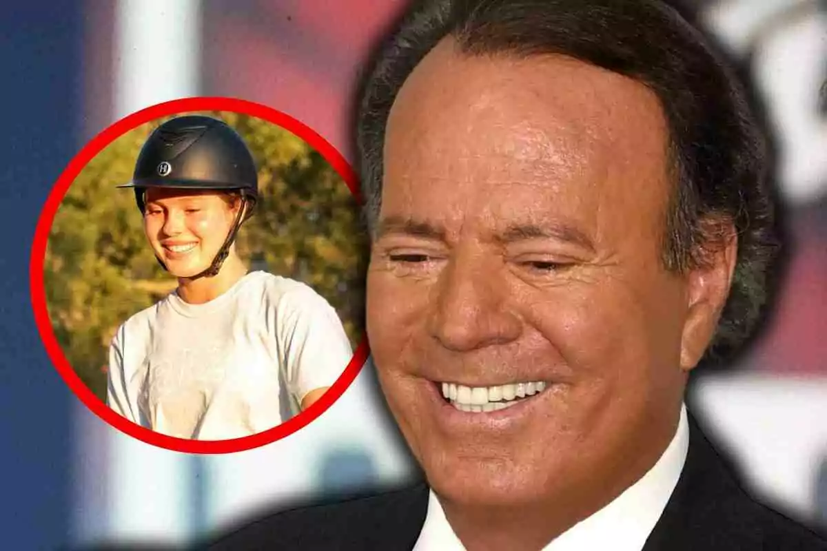 Julio Iglesias de cabells foscos somrient en primer pla amb un requadre circular que mostra Cristina Iglesias amb casc d’equitació i samarreta clara