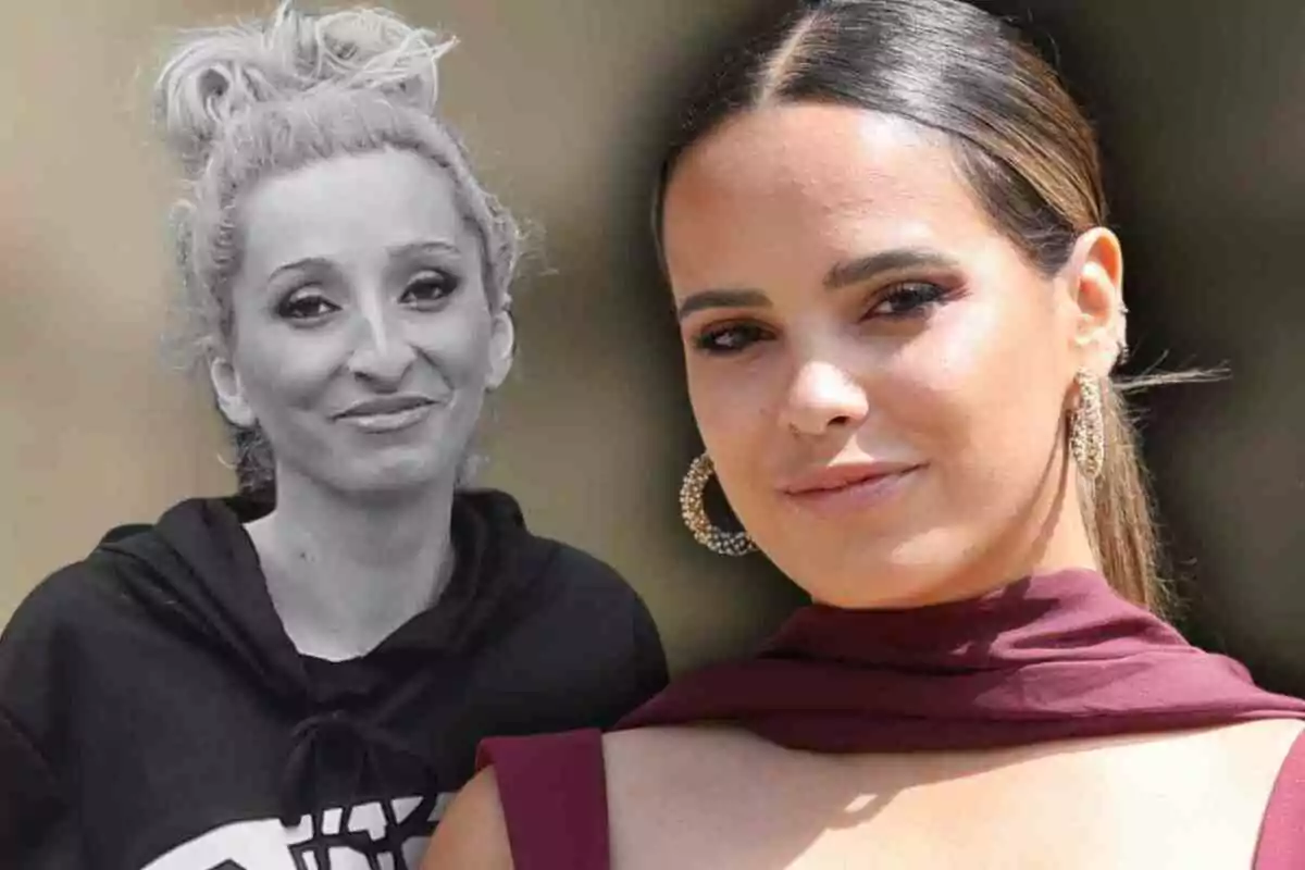 Apareixen a la imatge Michu en blanc i negre amb els cabells recollits i Gloria Camila en color amb els cabells llisos i solts, portant arracades grans i un vestit bordeus.